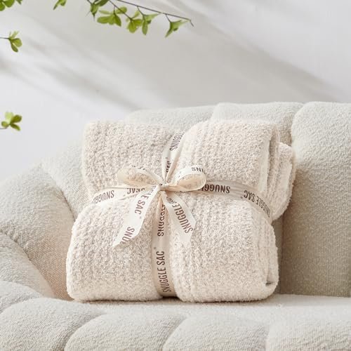 Snuggle Sac Buttery Ivory Throw Blanket for Couch, Reversible Super Soft Knitted Blankets, Warm Cozy Knit Fuzzy Plush Lightweight Throws for Sofa, Bed, Camping, Picnic, Ivory, 50 x 60 inches - Image 2