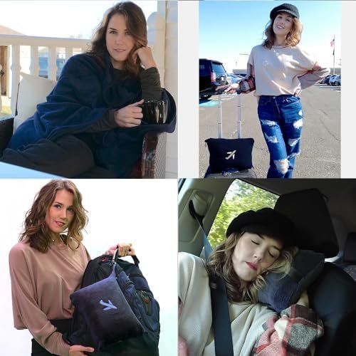 BlueHills Travel Blanket Pillow in Mini Soft Case Premium Plush Airplane Blanket in Soft Bag Compact Pack with Luggage Belt and Backpack Clip Long Flights Essentials Traveling Plane - Navy Blue M04 - Image 2