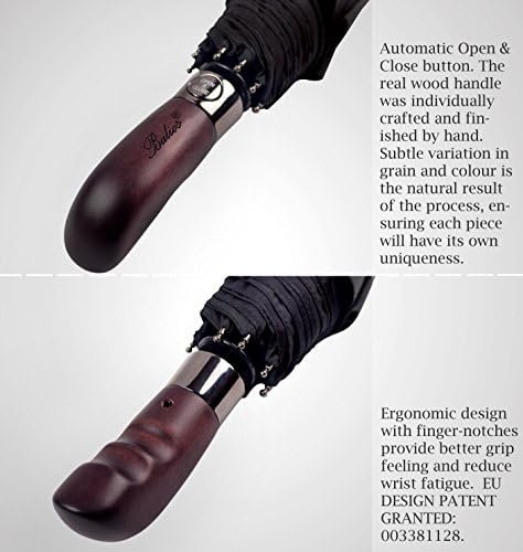 Travel Folding Umbrella with Real Wood Handle Auto Open Close Vented Windproof Canopy - Designed in UK - Image 5