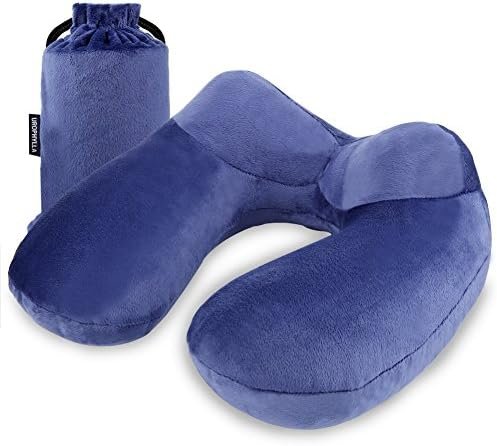 urophylla Inflatable Travel Pillow for Airplane, Soft Velvet Inflatable Travel Neck Pillow for Airplanes, Train, Car, Home and Office with Packsack & Comfortable Velvet - Blue