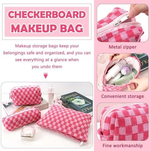 3 Pcs Makeup Bag Cosmetic Bag Set for Girls Women Checkered Travel Organizer Bathroom Toiletry Pouch Large Capacity Storage Bag (Rose-Red) - Image 4