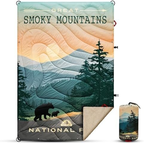 Puffy Sherpa Outdoor Camping Blanket for Traveling, Picnics, Beach, Concert, Car,Stadium, Sporting Events - Wearable Warm Waterproof - 55 X 78 (Great Smoky Mountains NP)