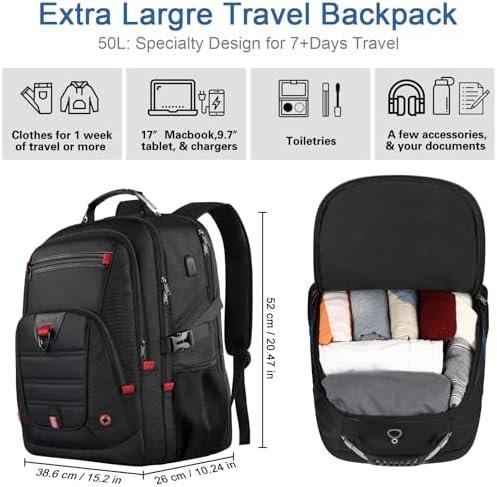 Z-MGKISS Extra Large Travel Backpack, TSA Backpack 17.3 Inch, 50L Anti Theft 17 Inch Big Business Laptop Backpack for Men & Women, Water Resistant College Rucksack Bag with USB Port, Black - Image 3