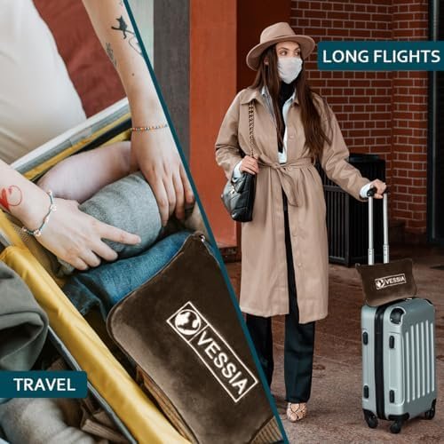 Vessia Travel Blanket for Airplane, Train and Car, Warm and Soft Travel Blanket in Bag for Adults and Kids, Portable Compact Long Flight Blanket with Luggage Sleeve, Backpack Clip(Brown) - Image 2