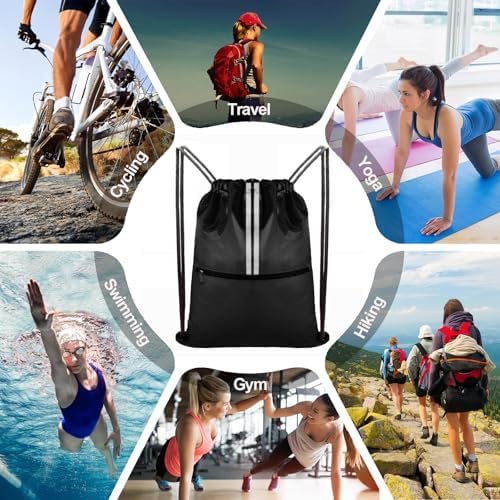 Drawstring Backpack Sports Bag Gym Sackpack Draw String Back Bag for Men Women (Black) - Image 6