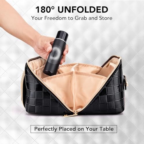 stona Travel Makeup Bag for Women, Large Capacity PU Leather Waterproof Checkered Cosmetic Bags, Portable Pouch Open Flat Toiletry Bag, Make up Organizer with Divider and Handle, Black - Image 6