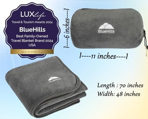 BlueHills Travel Blanket Pillow Rolled Premium Soft Plush Airplane Throw Traveling Essentials Compact in a Bag 70 X 48 inches for Long Plane Flight Portable Lightweight Grey Gray R01 - Image 3