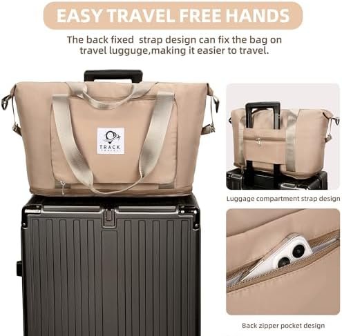 Large Capacity Folding Travel Bag Dry Wet Separated Gym Bag for Man and Woman Cosmetic Travel Bag Portable Travel Lightweight Waterproof Oxford Fabric Duffel Bag Workout Bag (Champagne) - Image 4