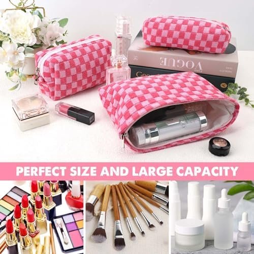 3 Pcs Makeup Bag Cosmetic Bag Set for Girls Women Checkered Travel Organizer Bathroom Toiletry Pouch Large Capacity Storage Bag (Rose-Red) - Image 2