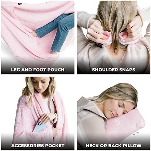 Zero Grid Premium Lightweight Wearable Super Soft Travel Blanket with Neck Snaps, Cozy Footpockets and Zipper Pouch (Rose Pink) - Image 4
