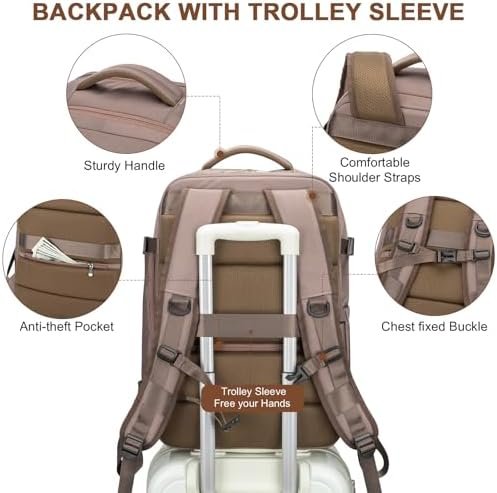 RDTGO Travel Backpack For Women, 40L Carry-On Backpack, Airline Approved Personal Item Bag, Waterproof Laptop Backpack with Large Duffel, Casual Daypack for Buisness Gym Weekend Hiking (Brown) - Image 6