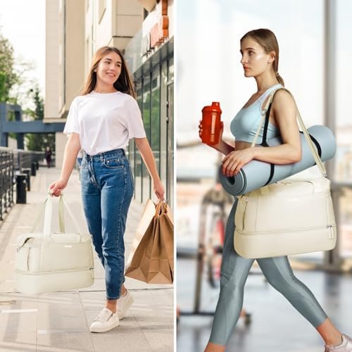 ETRONIK Gym Bag for Women, Personal Item Travel Duffel Bag with Shoes Compartment, Weekender Overnight Bag with Wet Pocket & USB Charging Port, Carry On Bag for Women, Travel, Gym, Weekend (Beige) - Image 7