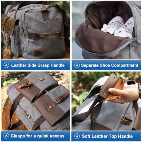 WOWBOX Duffle Bag Weekender Duffel Bag for Men and Women Genuine Leather Canvas Travel Overnight Carry on Bag with Shoes Compartment Grey - Image 3