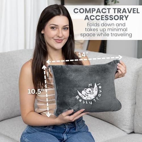 Resty Travel Blanket - Compact Airplane Blanket with Bag - Small and Lightweight Traveling Blanket & Pillow - Portable Blankets with Carabiner for Easy Transport - Plane Train Car (Deep Gray) - Image 7