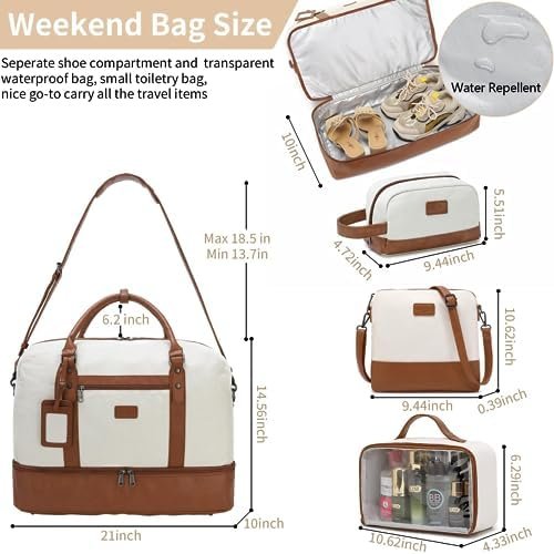 Wogarl 4PCS Weekender Bags for Women Large Overnight Bag Weekend Travel Duffel Bag Carry on Shoulder with Shoe Compartment Canvas Toiletry Bag for Travel Business Gym,Beige - Image 3