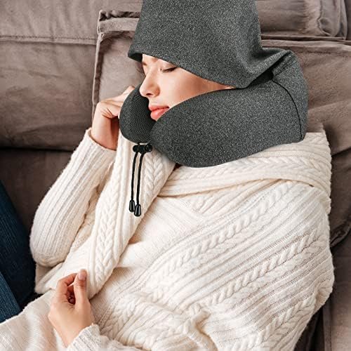 Neck Pillow for Travel, Memory Foam Travel Pillow with Hood, Adult Airplane Pillow for Head Rest Neck Support, Portable Pillow for Office Cars Trains Long Flights Sleeping (Deep Grey) - Image 8
