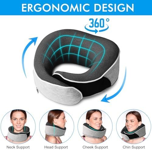 Travel Pillow,Upgraded 100% Memory Foam Neck Pillow for Traveling,Ergonomic Design Soft Best Flight Pillow,Neck Pillow Airplane Kit with 3D Contoured Eye Masks,Earplugs and Luxury Bag (Grey) - Image 2