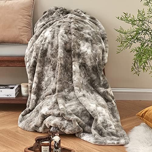 Krifey Faux Fur Throw Blanket, Super Soft Cozy Blanket, Luxury Fluffy Blanket Warm Plush Bed Throw Marbled Gray 50" x 60" - Image 2