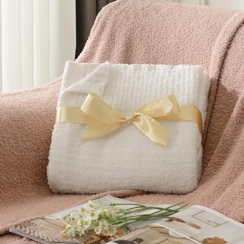 JOOJA Knit Throw Blanket Super Soft Warm Blanket for Couch Lightweight Fluffy Blanket for Bed Sofa 60x80 Inches Cream - Image 5