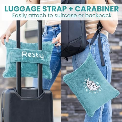 Resty Travel Blanket - Compact Airplane Blanket with Bag - Small and Lightweight Traveling Blanket & Pillow - Portable Blankets with Carabiner for Easy Transport - Plane Train Car (Baby Blue) - Image 4