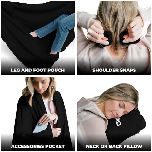 Zero Grid Premium Lightweight Wearable Super Soft Travel Blanket with Neck Snaps, Cozy Footpockets and Zipper Pouch (Midnight) - Image 4
