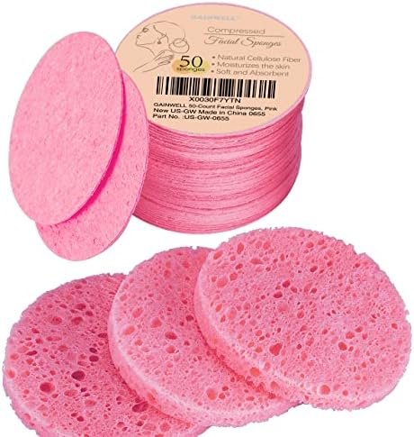 50-Count Compressed Facial Sponges for Daily Facial Cleansing and Exfoliating, 100% Natural Cosmetic Spa Sponges for Makeup Remover, Reusable, Pink