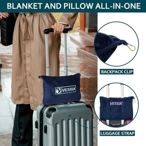 Vessia Travel Blanket for Airplane, Train and Car, Warm and Soft Travel Blanket in Bag for Adults and Kids, Portable Compact Long Flight Blanket with Luggage Sleeve, Backpack Clip(Navy) - Image 4