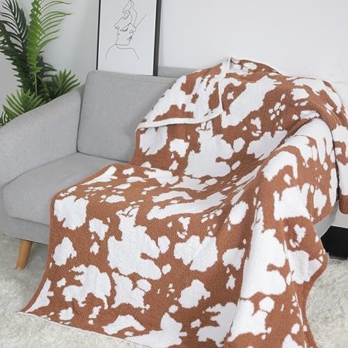 Viviland Throw Blanket - Fuzzy Checkerboard Grid Throw Blanket, Knitted Soft Cozy Warm Microfiber Blanket Decor for Couch Sofa Bed Travel Home (Brown & White Cow, 50''x 60'')