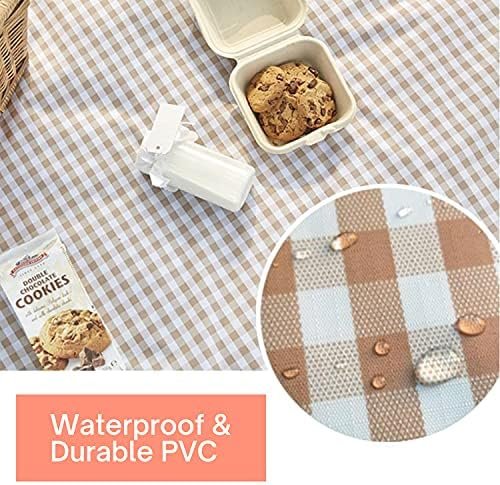 ESLA Cute Gingham Picnic Blanket, Waterproof Foldable, in Large 80x60in and Extra Large 80x80in, Portable Compact Beach Blanket, Oversized XL Outdoor Mat, Tan Gingham (123) - Image 2