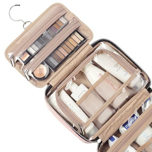 NISHEL Travel Toiletry Bag for women, Portable Hanging Organizer for Travel-Sized Shampoo, Conditioner, Brushes Set, makeup Accessories, Medium Size, Pink - Image 4