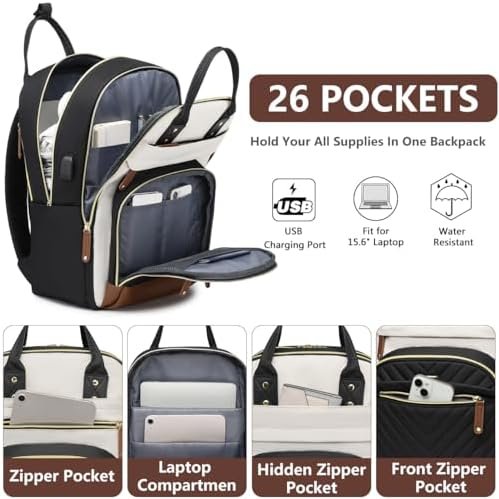 Laptop Backpack for Women Bag - 15.6 inch Work Travel Backpack with USB Charger College Bookbag Waterproof Business Computer Backpack Anti-theft Casual Backpacks for Nurse Teacher Beige Black Brown - Image 2
