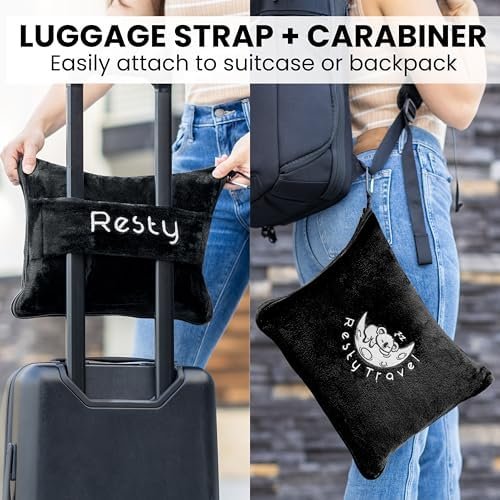Resty Travel Blanket - Compact Airplane Blanket with Bag - Small and Lightweight Traveling Blanket & Pillow - Portable Blankets with Carabiner for Easy Transport - Plane Train Car (Onyx Black) - Image 4