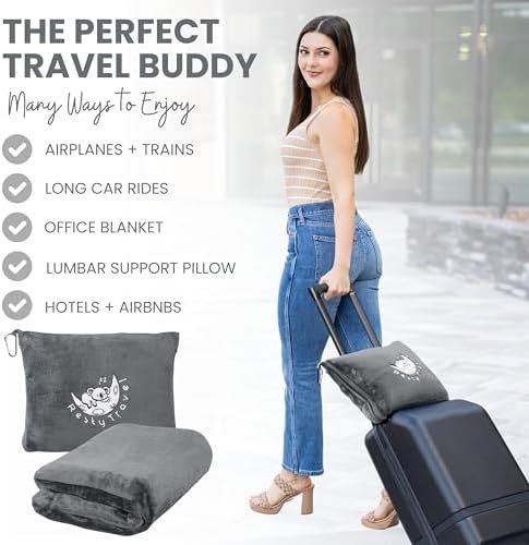 Resty Travel Blanket - Compact Airplane Blanket with Bag - Small and Lightweight Traveling Blanket & Pillow - Portable Blankets with Carabiner for Easy Transport - Plane Train Car (Deep Gray) - Image 2