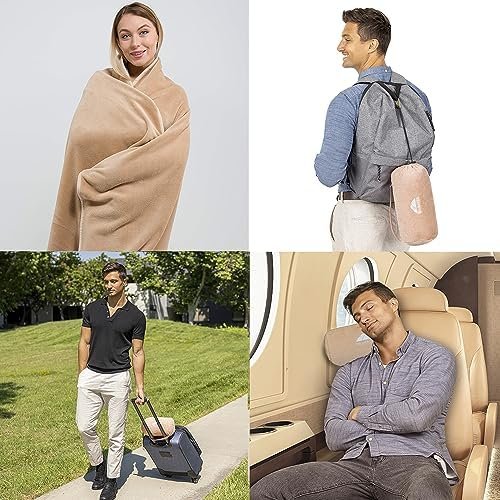 BlueHills Travel Blanket Pillow Rolled Premium Soft Plush Airplane Throw Traveler Essentials Gift Compact in a Bag 70X48 inches Long Car Plane Flight Portable Beige R06 - Image 2