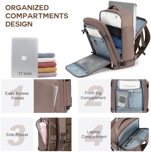 RDTGO Travel Backpack For Women, 40L Carry-On Backpack, Airline Approved Personal Item Bag, Waterproof Laptop Backpack with Large Duffel, Casual Daypack for Buisness Gym Weekend Hiking (Brown) - Image 4