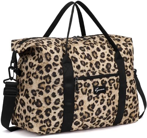 Duffle Bag for Travel Foldable Leopard Print Carry on Travel Bag, Small Medium Weekender Overnight Bags for Women, 40L Waterproof Sport Gym Bag for Men with Computer Compartment (Leopard print)