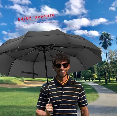 MRTLLOA 54/62 Inch Large Folding Golf Umbrella, Oversize Double Canopy Vented 10 Ribs Windproof Compact Travel Umbrellas for Rain - Image 3