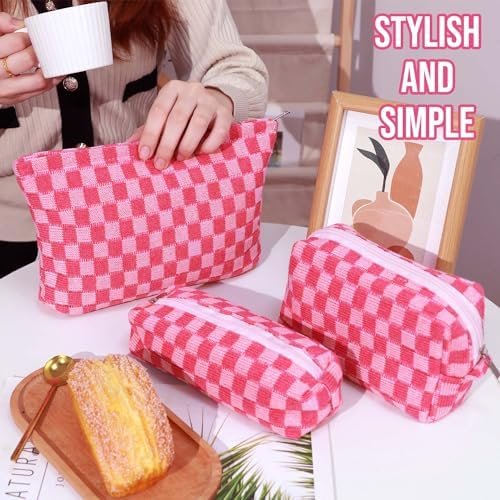 3 Pcs Makeup Bag Cosmetic Bag Set for Girls Women Checkered Travel Organizer Bathroom Toiletry Pouch Large Capacity Storage Bag (Rose-Red) - Image 5