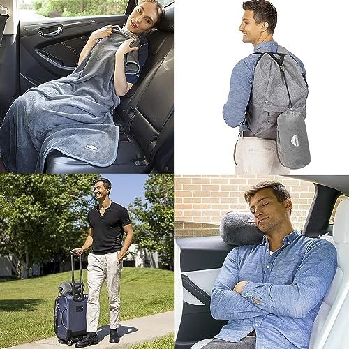 BlueHills Travel Blanket Pillow Rolled Premium Soft Plush Airplane Throw Traveling Essentials Compact in a Bag 70 X 48 inches for Long Plane Flight Portable Lightweight Grey Gray R01 - Image 2