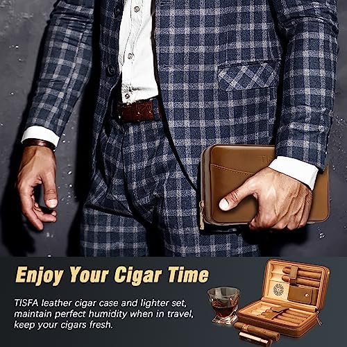 TISFA Cigar Humidor, Leather Cedar Wood Cigar Case with Cigar Lighter, V Cut Cigar Cutter, Cigar Holder 3 in 1, Portable Travel Cigar Humidor Box with Humidifier (Brown) - Image 7