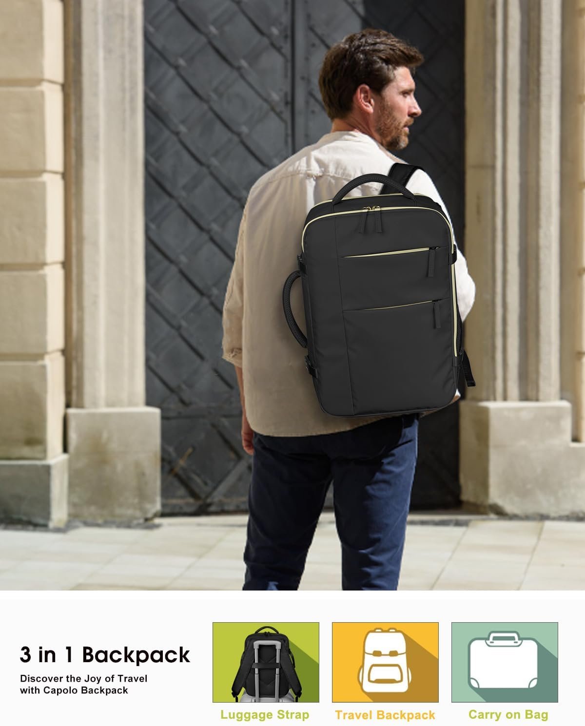 Capolo Travel Backpack for Women Men Waterproof Laptop Backpack Airlines Approved Carry On Backpack Bag Computer Bookbag for Business, Work, Traveling Fits 15.6 Inch Laptop(Black) - Image 7