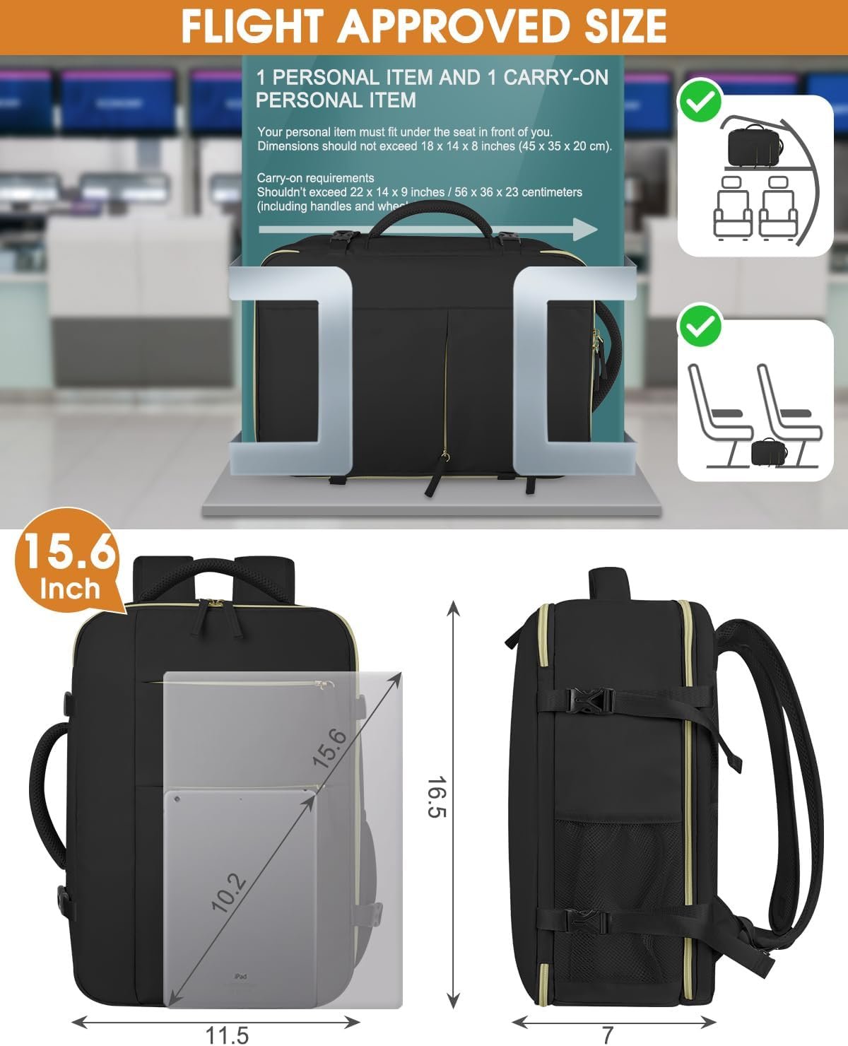 Capolo Travel Backpack for Women Men Waterproof Laptop Backpack Airlines Approved Carry On Backpack Bag Computer Bookbag for Business, Work, Traveling Fits 15.6 Inch Laptop(Black) - Image 6