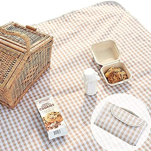 ESLA Cute Gingham Picnic Blanket, Waterproof Foldable, in Large 80x60in and Extra Large 80x80in, Portable Compact Beach Blanket, Oversized XL Outdoor Mat, Tan Gingham (123)
