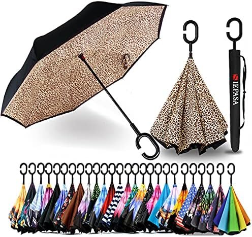 SIEPASA 49/56 Inch Inverted Reverse Upside Down Umbrella, Extra Large Double Canopy Vented Windproof Waterproof Stick Golf Umbrellas with C-shape Handle.