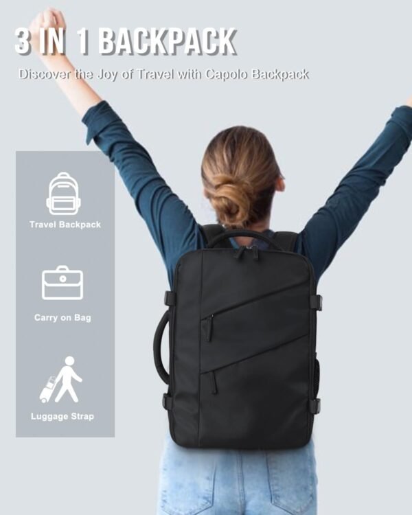 Capolo Travel Backpack for Women Men Waterproof Laptop Backpack Flight Approved Carry On Backpack Overnight Weekender Bag College Bookbag for Business, Work, Traveling Fits 15.6 '' Laptop,Black - Image 9