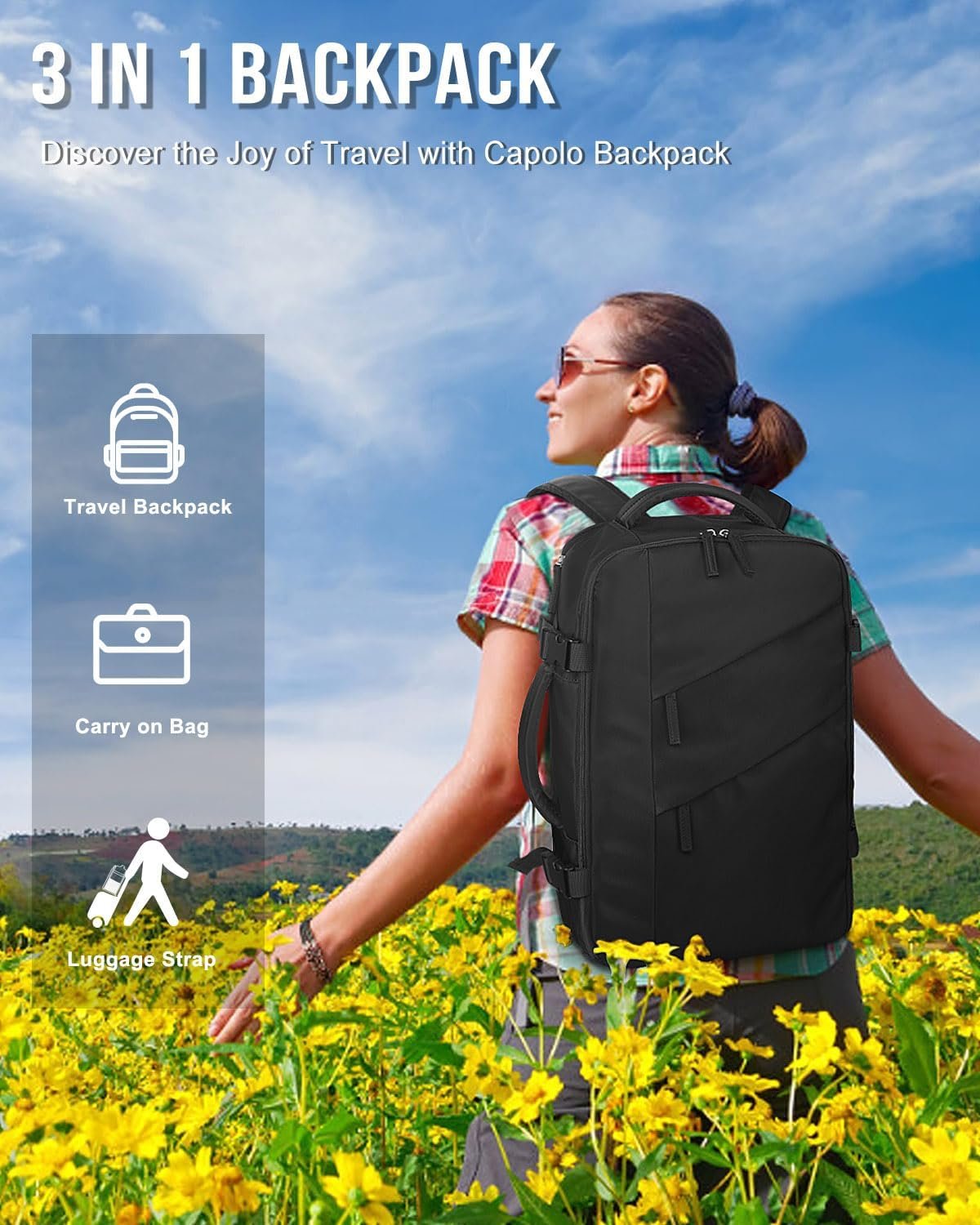 Capolo Travel Backpack for Women Men Waterproof Laptop Backpack Flight Approved Carry On Backpack Overnight Weekender Bag College Bookbag for Business, Work, Traveling Fits 15.6 '' Laptop,Black - Image 2
