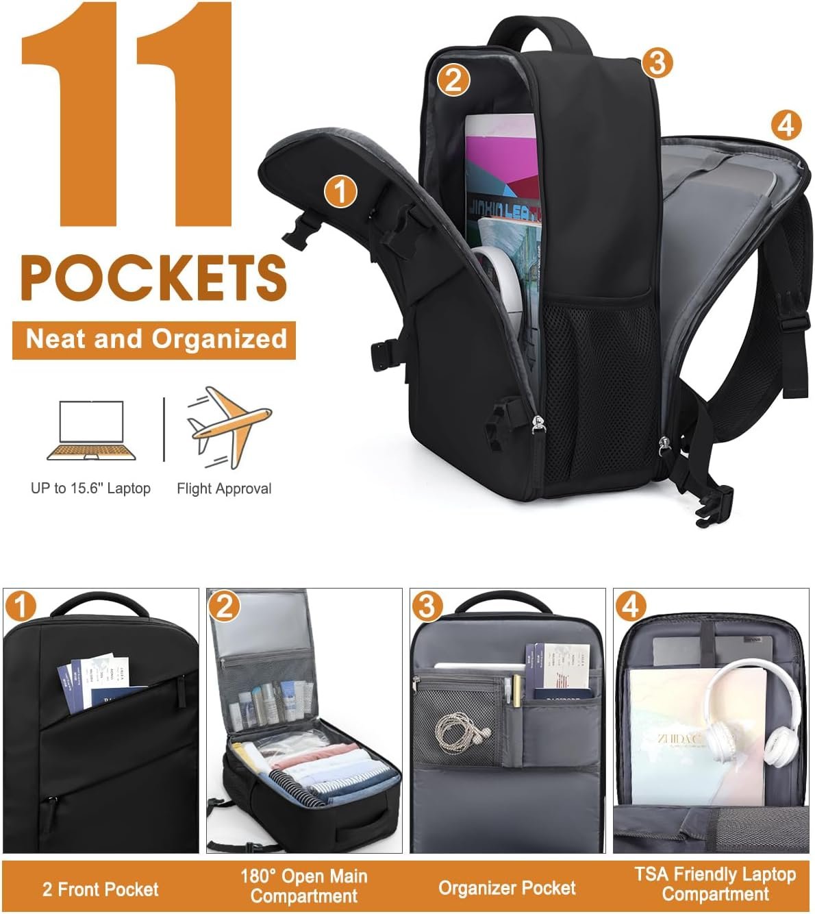 Capolo Travel Backpack for Women Men Waterproof Laptop Backpack Flight Approved Carry On Backpack Overnight Weekender Bag College Bookbag for Business, Work, Traveling Fits 15.6 '' Laptop,Black - Image 5