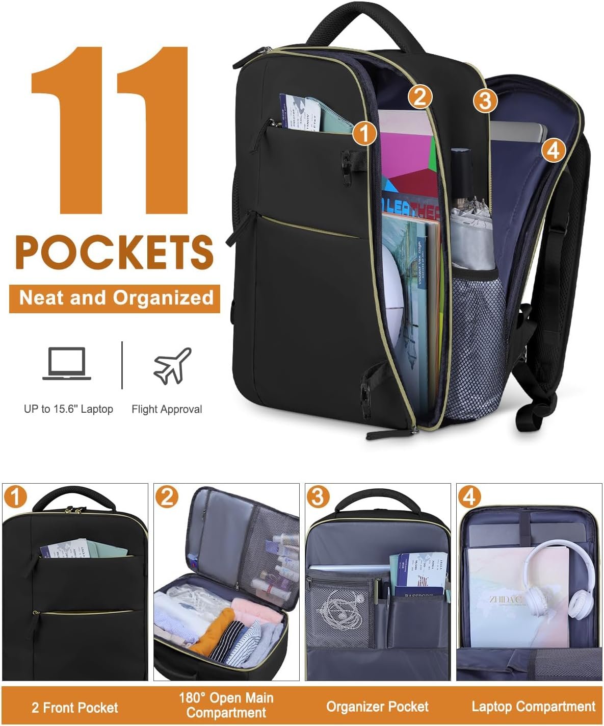 Capolo Travel Backpack for Women Men Waterproof Laptop Backpack Airlines Approved Carry On Backpack Bag Computer Bookbag for Business, Work, Traveling Fits 15.6 Inch Laptop(Black) - Image 3