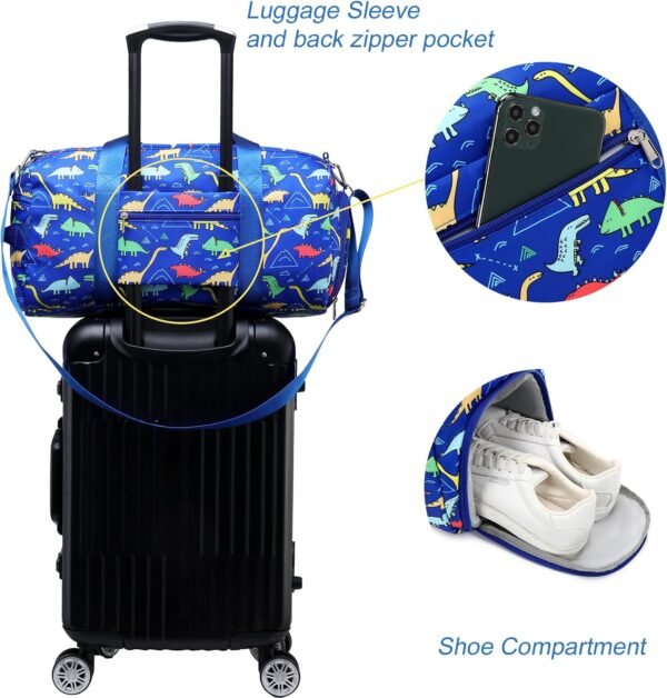 CAMTOP Kids Duffel Overnight Bag Boys Girls Weekender Carry-On Personalized Tote for Travel Gym Sport (Dinosaur-Dark Blue) 18.1"L* 9.1" H* 8.7"W - Image 4