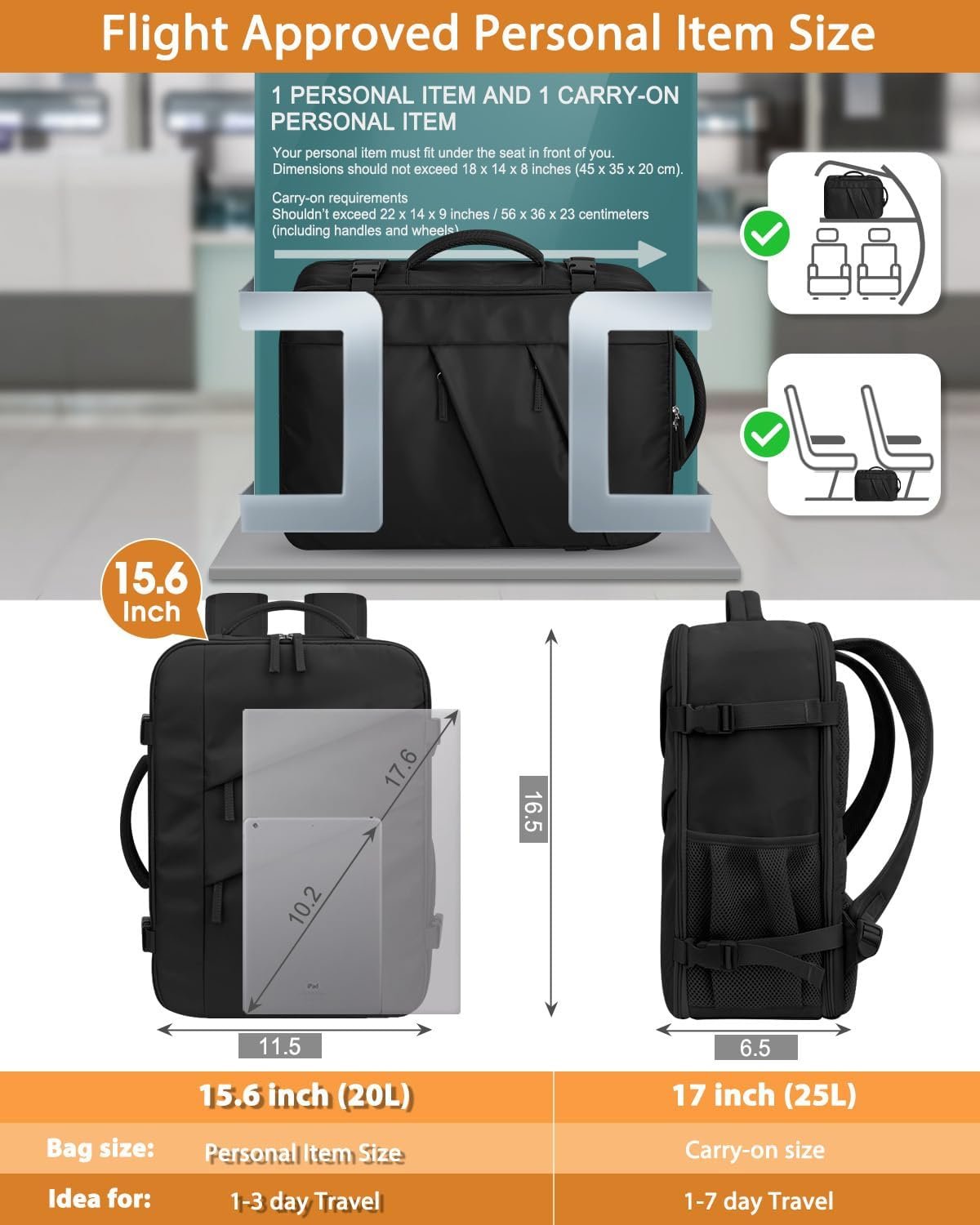 Capolo Travel Backpack for Women Men Waterproof Laptop Backpack Flight Approved Carry On Backpack Overnight Weekender Bag College Bookbag for Business, Work, Traveling Fits 15.6 '' Laptop,Black - Image 7